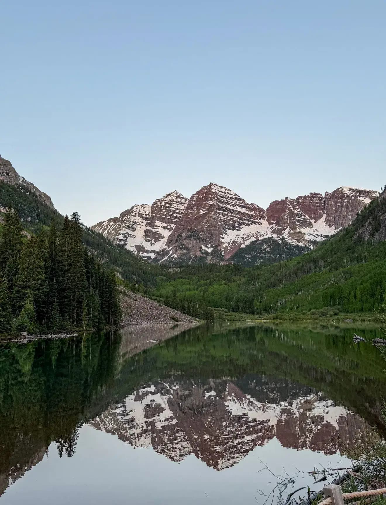 Maroon Bells View and Lake reflection of Bell mountains